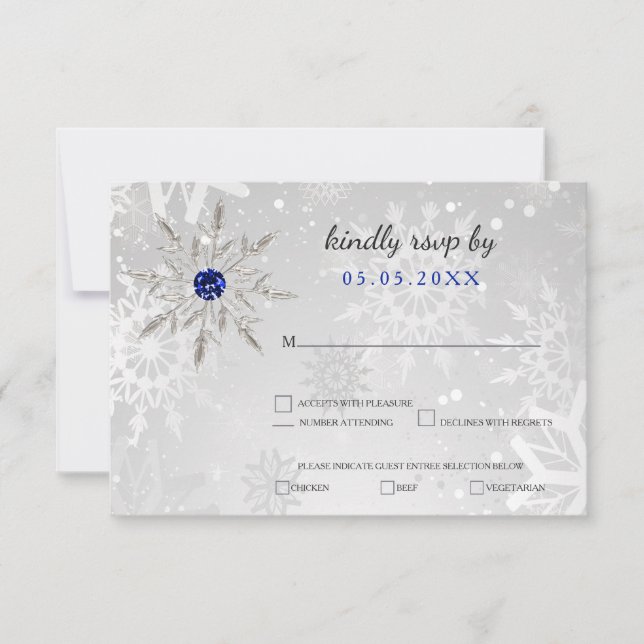 silver Royal Blue snowflakes winter wedding rsvp Card (Front)