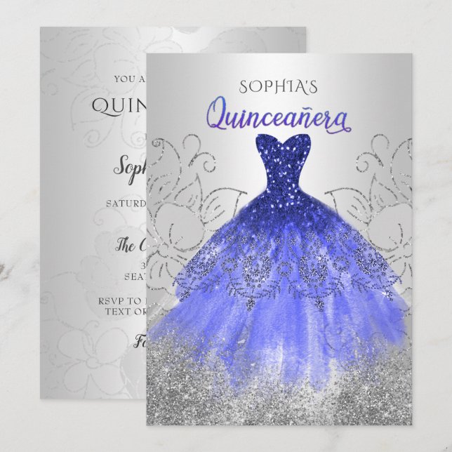 Silver Royal Blue Sparkle Dress Quinceañera  Invitation (Front/Back)