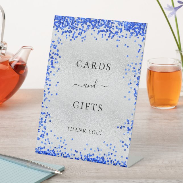 Silver royal blue wedding cards gifts pedestal sign (In SItu)