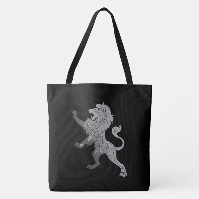 Silver Royal Lion on Black  Tote Bag (Front)