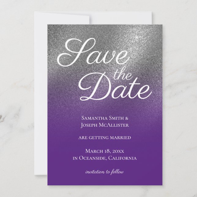 Silver Royal Purple Glitter Ombre Save the Date Invitation (Front)