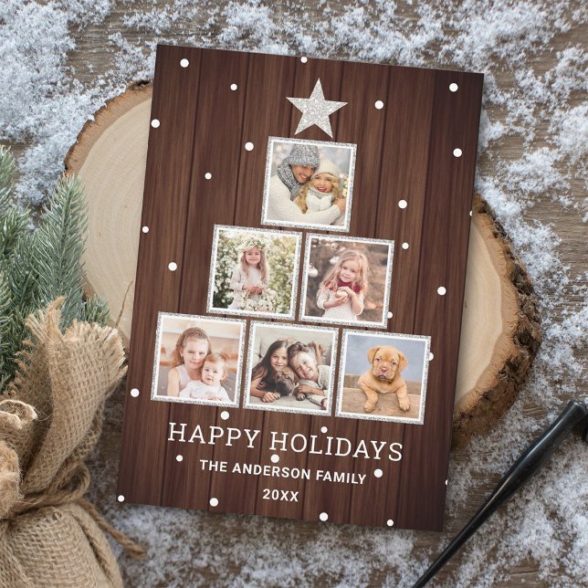 Silver | Rustic Country Wood Christmas Photo Tree Holiday Card (Creator Uploaded)