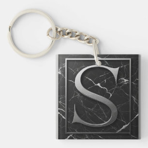 ⚜️ Silver S Stone Crest On Black Marble Frame 🔑 Keychain