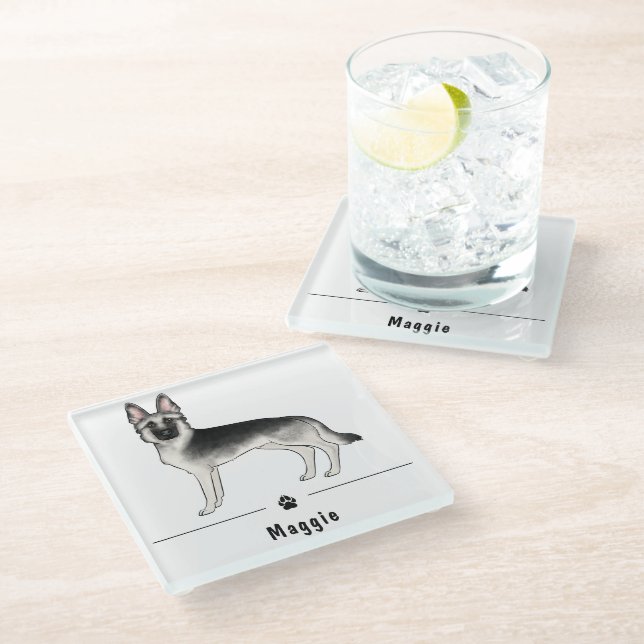 Silver Sable German Shepherd And Paw Custom Name Glass Coaster (Angled)