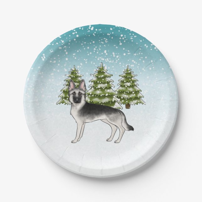 Silver Sable German Shepherd Blue Winter Forest Paper Plate (Front)