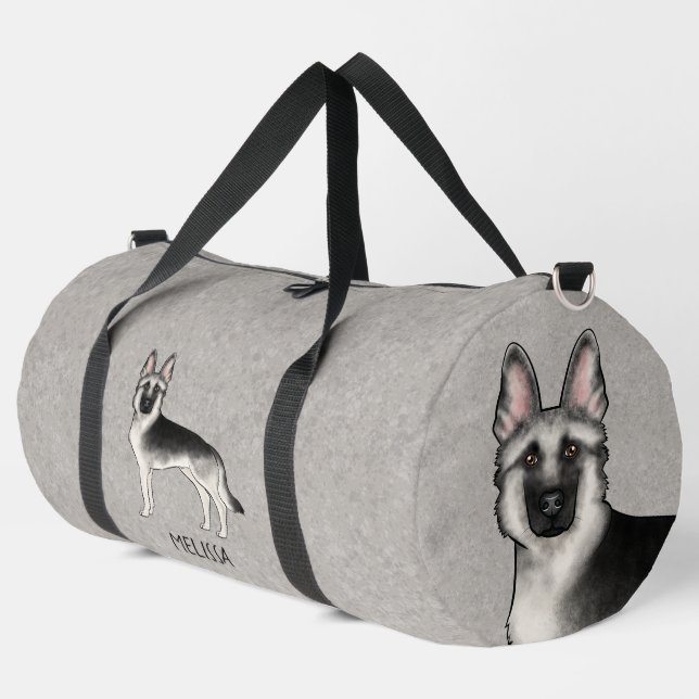 Silver Sable German Shepherd Dog And Custom Name Duffle Bag (Left Corner)