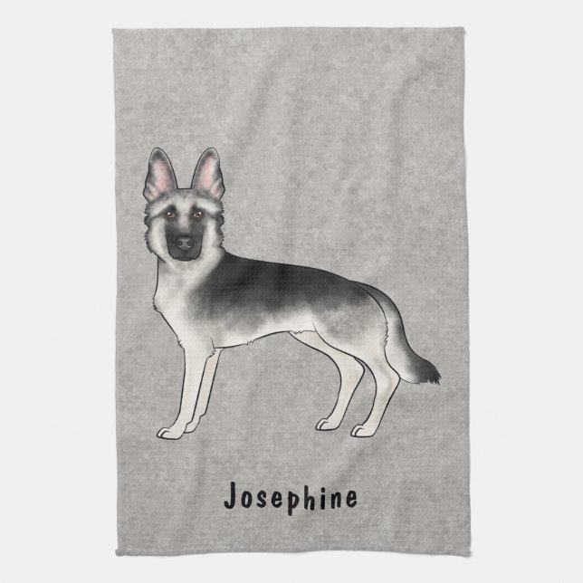 Silver Sable German Shepherd Dog And Custom Name Kitchen Towel (Vertical)