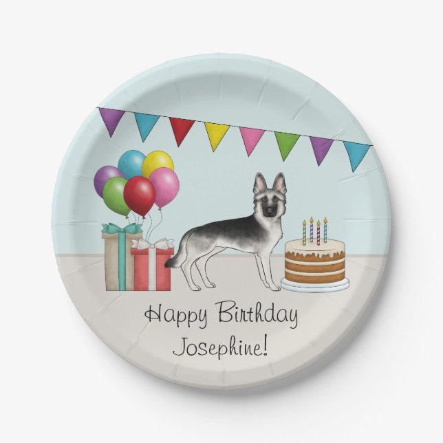Silver Sable German Shepherd Dog Colourful Birthda Paper Plate (Front)