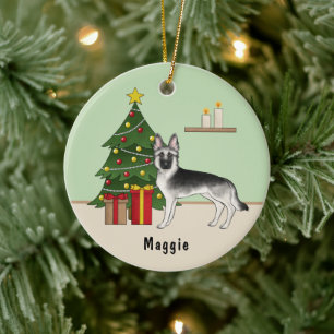 Silver Sable German Shepherd Green Christmas Tree Ceramic Ornament