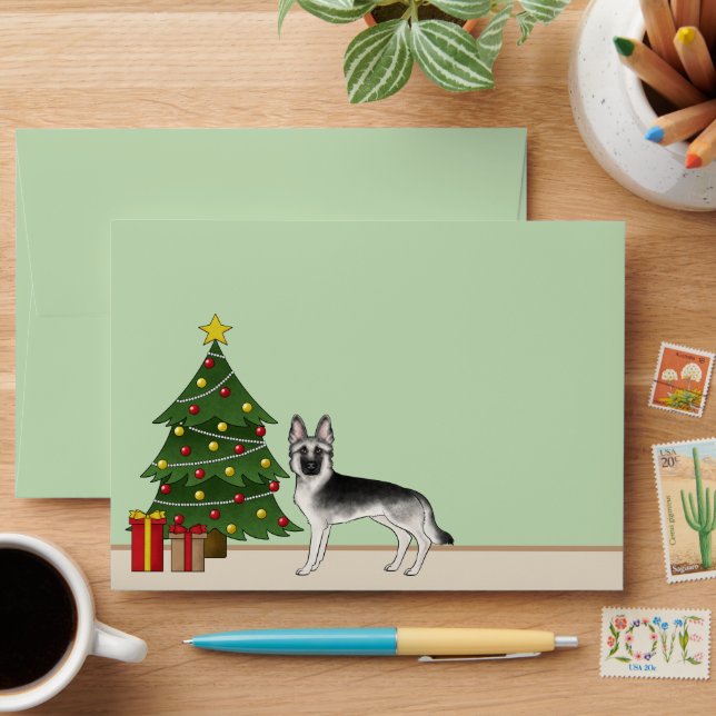 Silver Sable German Shepherd Green Christmas Tree Envelope (Desk)