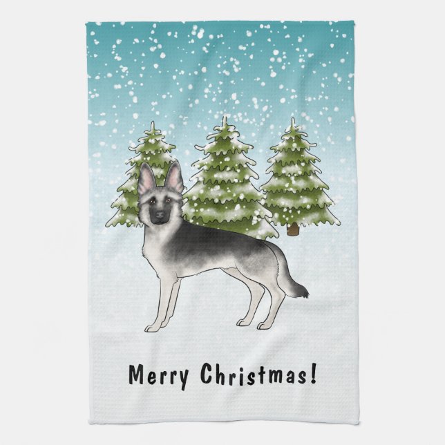 Silver Sable German Shepherd In Winter With Text Kitchen Towel (Vertical)
