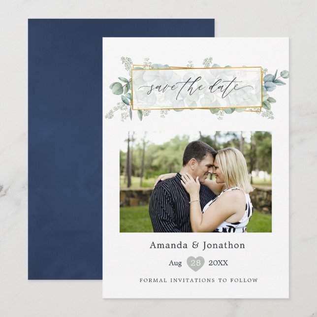 Silver Sage and Navy Eucalyptus Geometric Wedding Save The Date (Front/Back)