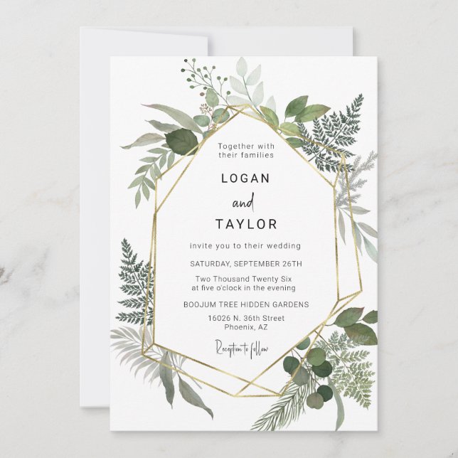 Silver Sage Botanical Greenery Gold Frame QR Code Invitation (Front)