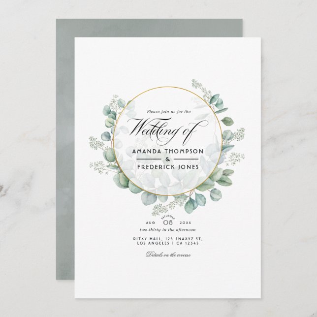 Silver Sage Eucalyptus Geometric QR Code Wedding Invitation (Front/Back)