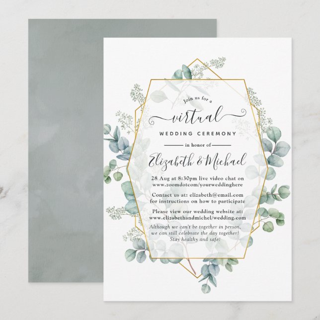 Silver Sage Eucalyptus Geometric Virtual Wedding Invitation (Front/Back)