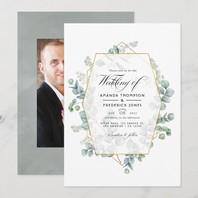 Silver Sage Eucalyptus Geometric Wedding Photo Invitation (Front/Back)
