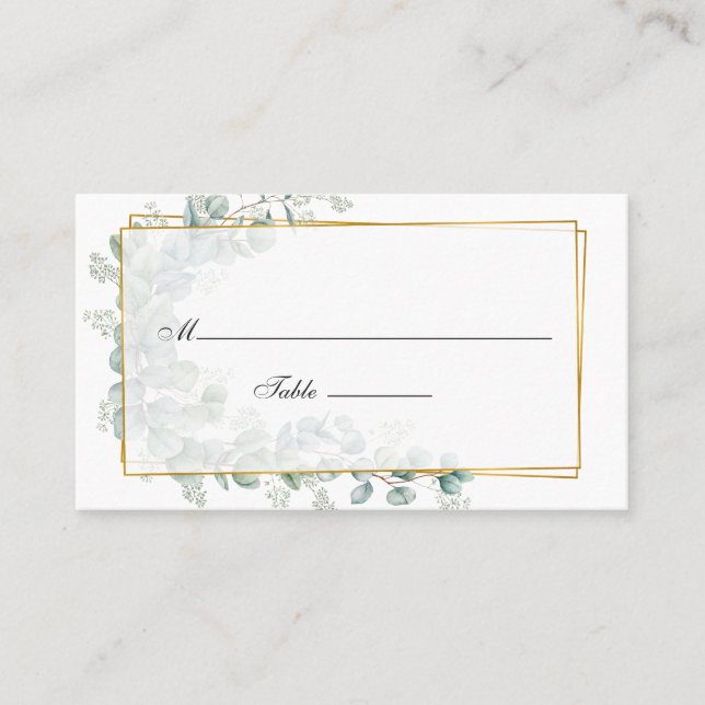 Silver sage Eucalyptus Geometric Wedding Place Card (Front)