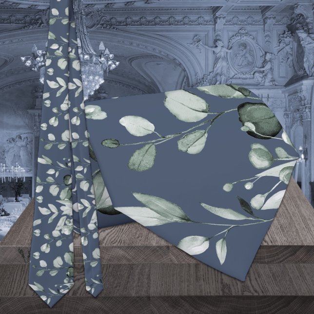 Silver Sage Eucalyptus Greenery Wedding Navy Blue Tie (Creator Uploaded)