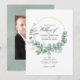 Silver Sage Geometric Eucalyptus Wedding Photo Invitation