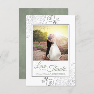 Silver & Sage Green White Love & Thanks Wedding Thank You Card
