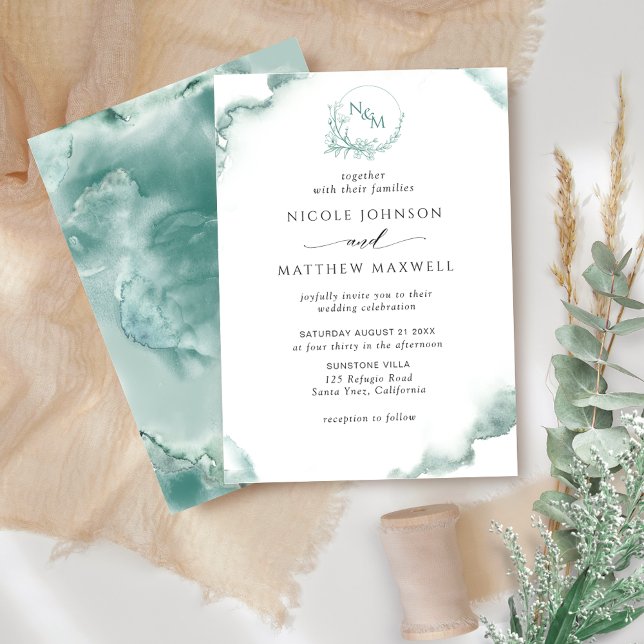 Silver Sage Watercolor, Elegant Monogram Wedding Invitation (Creator Uploaded)