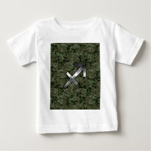Silver Sagittarius Sign on Woodland Digital Camo Baby T-Shirt