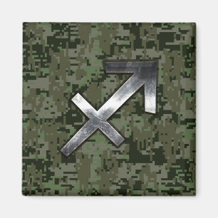 Silver Sagittarius Sign on Woodland Digital Camo Magnet