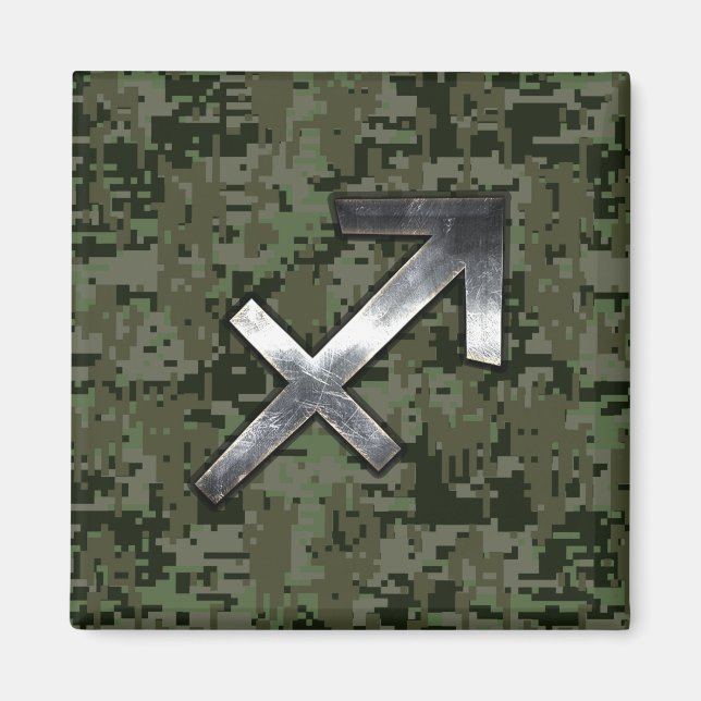 Silver Sagittarius Sign on Woodland Digital Camo Magnet (Front)