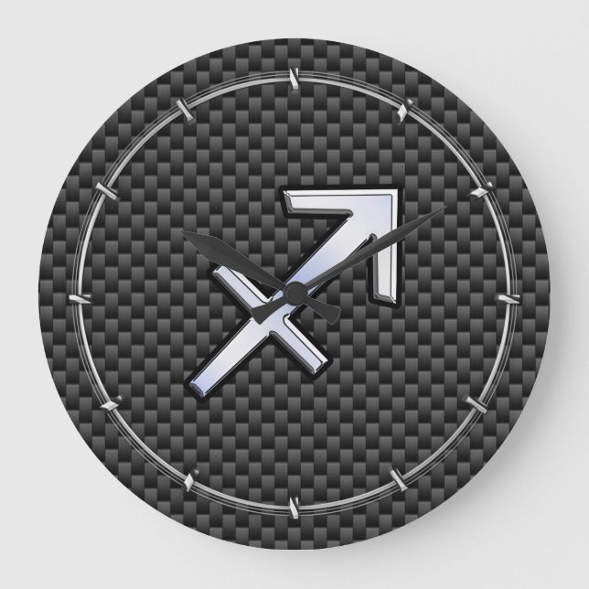 Silver Sagittarius Zodiac Sign Carbon Fiber Print Large Clock (Front)