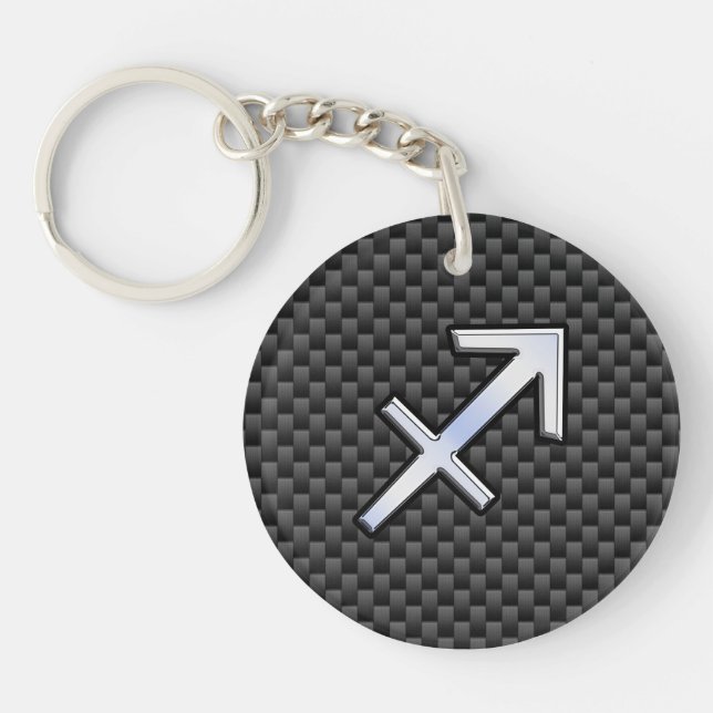 Silver Sagittarius Zodiac Sign Carbon Fibre Print Keychain (Front)
