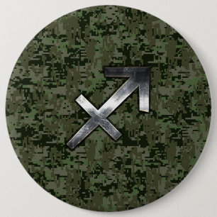 Silver Sagittarius Zodiac Woodland Digital Camo 6 Inch Round Button