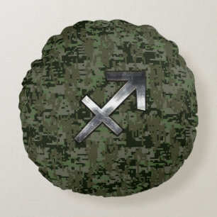 Silver Sagittarius Zodiac Woodland Digital Camo Round Pillow