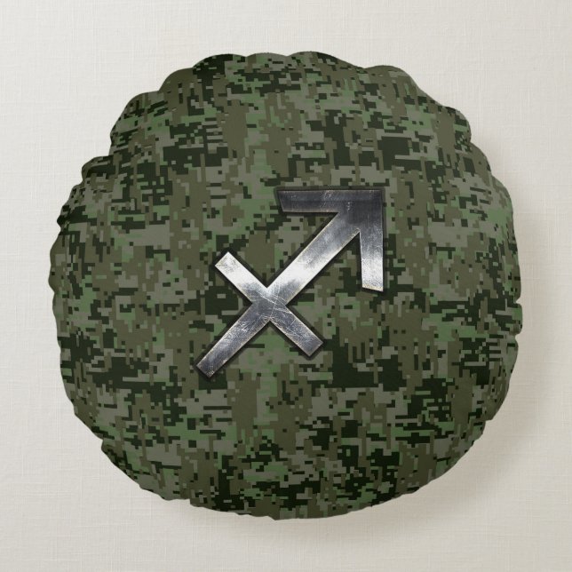 Silver Sagittarius Zodiac Woodland Digital Camo Round Pillow (Front)