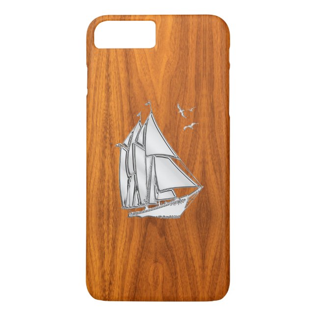 Silver Sail Boat on Teak Veneer Decor Case-Mate iPhone Case (Back)