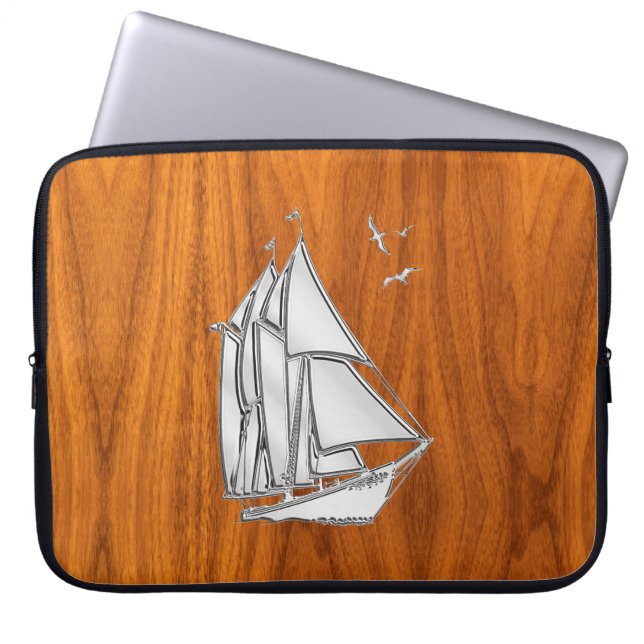 Silver Sail Boat on Teak Veneer Decor Laptop Sleeve (Front)