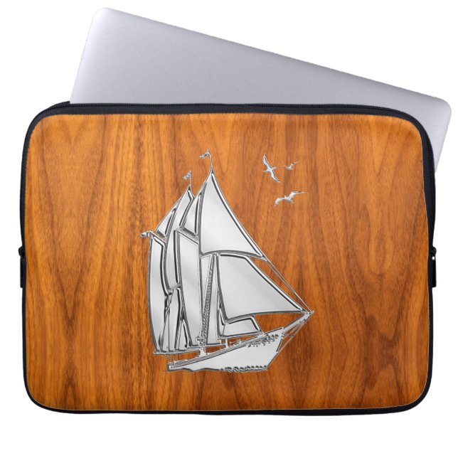 Silver Sail Boat on Teak Veneer Decor Laptop Sleeve (Front)