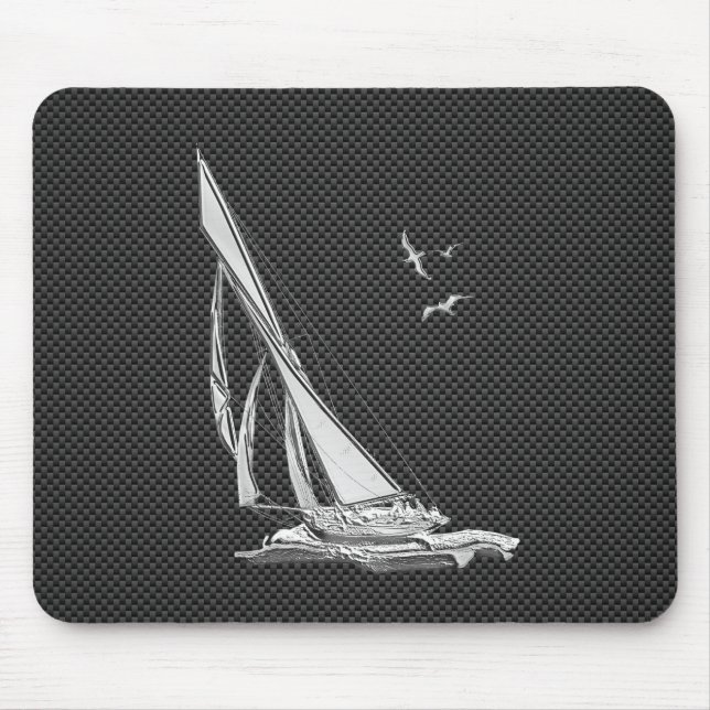 Silver Sailboat on Carbon Fibre Decor Mouse Pad (Front)