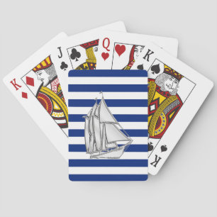 Silver Sailboat on Nautical Blue Stripes Playing Cards