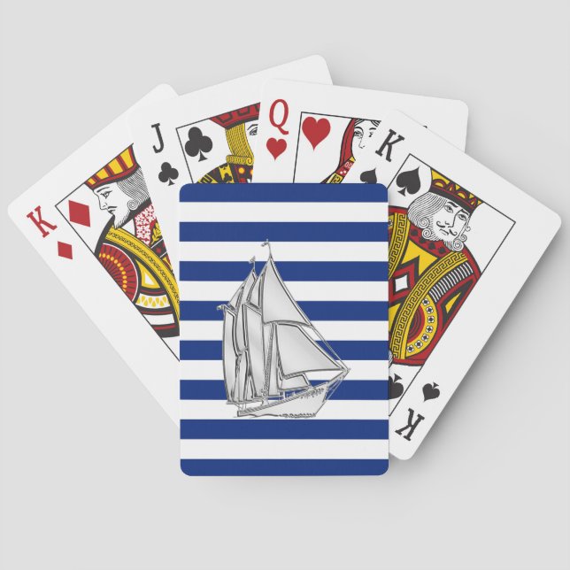 Silver Sailboat on Nautical Blue Stripes Playing Cards (Back)