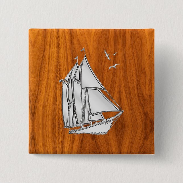 Silver Sailboat on Teak Veneer Styles 2 Inch Square Button (Front)