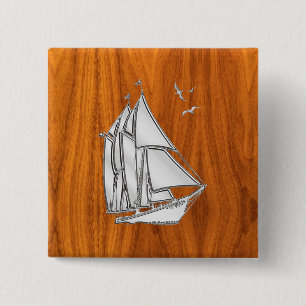 Silver Sailboat on Teak Veneer Styles 2 Inch Square Button