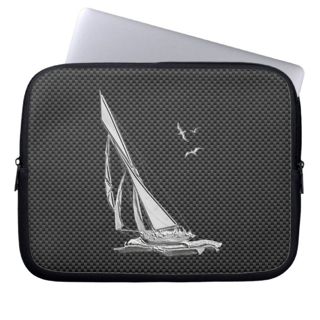 Silver Sailboat Regatta on Carbon Fibre Laptop Sleeve (Front)