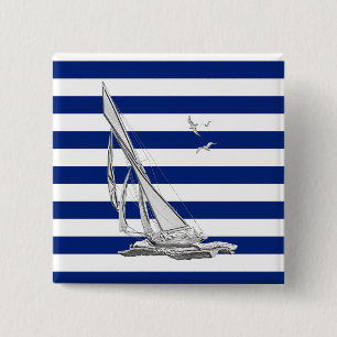 Silver Sailing on Nautical Stripes 2 Inch Square Button