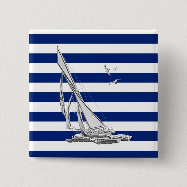 Silver Sailing on Nautical Stripes 2 Inch Square Button (Front)