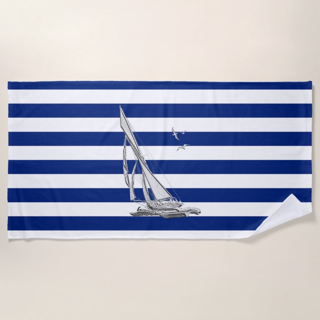 Silver Sailing on Nautical Stripes Decor Beach Towel (Front)