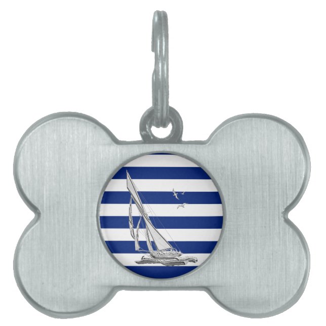 Silver Sailing on Nautical Stripes Pet Name Tag (Front)