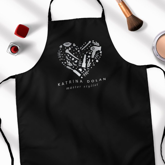 Silver Salon Heart Stylist Personalized Name Apron (Creator Uploaded)