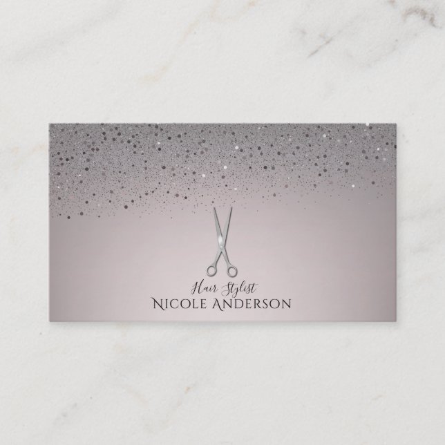 Silver Salon Stylist Scissors Pink Glitter Sparkle Business Card (Front)