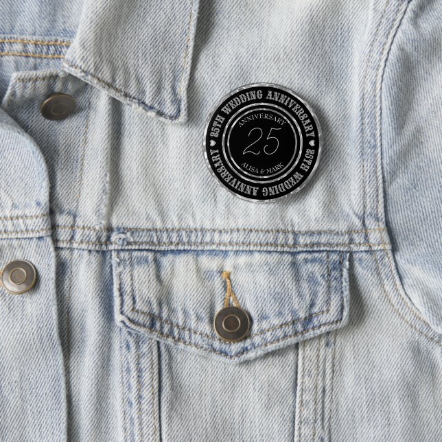 Silver Satin And Black Damask 2 Inch Round Button (In Situ)