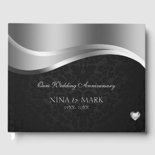 Silver Satin And Black Damask Guest Book